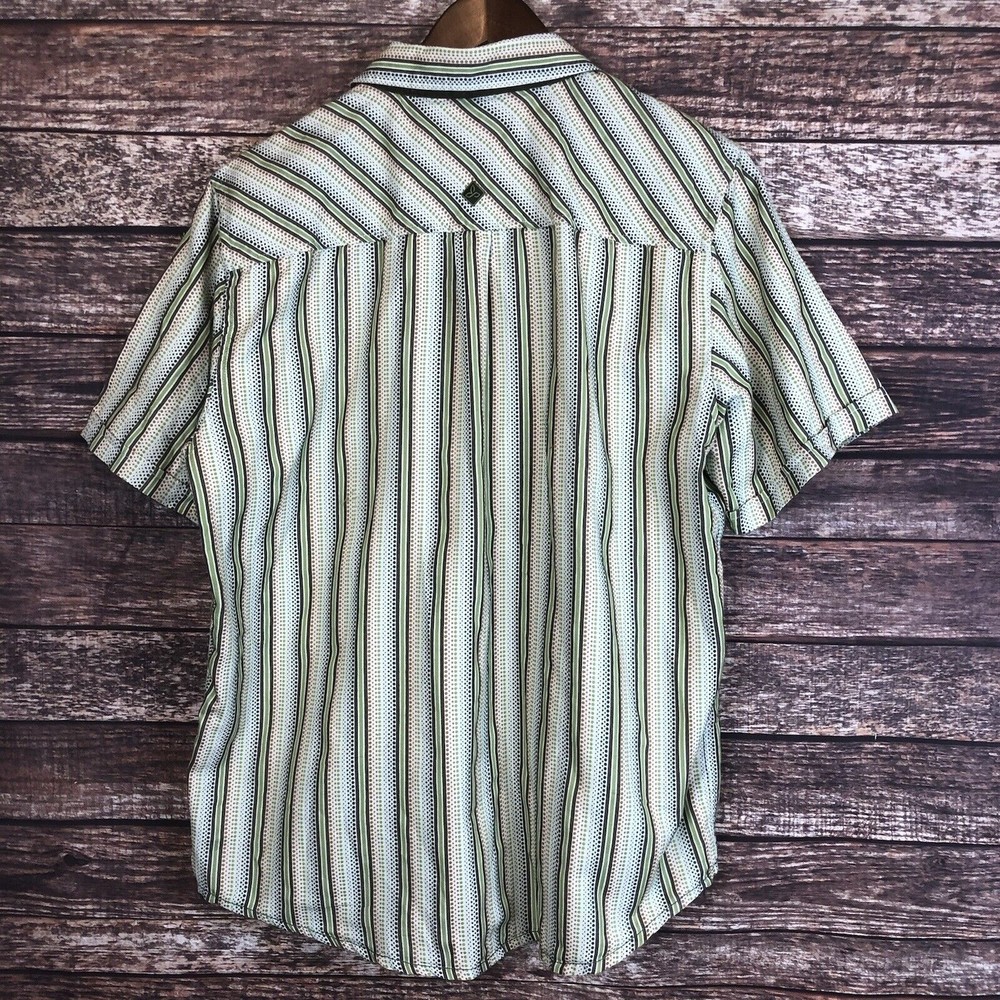 Prana Men Green Brown Stripe Dot Short Sleeve Cotton Blend Button Up Shirt Large - Picture 2 of 7